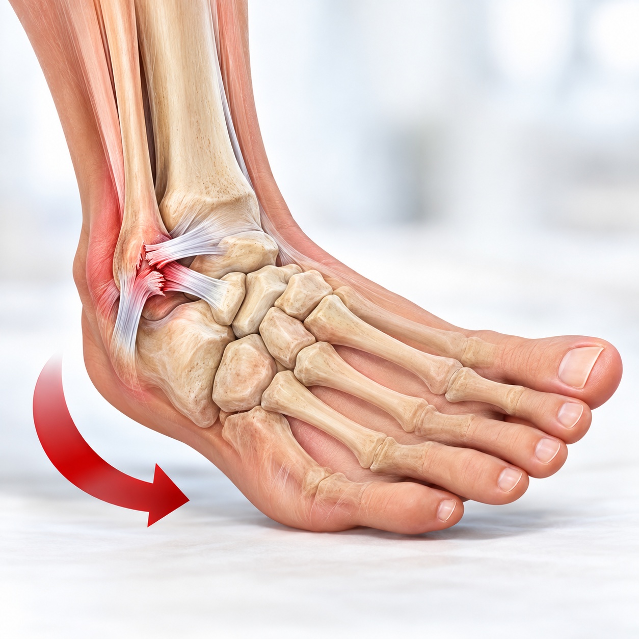 Illustration of an ankle sprain showing stretched ligaments