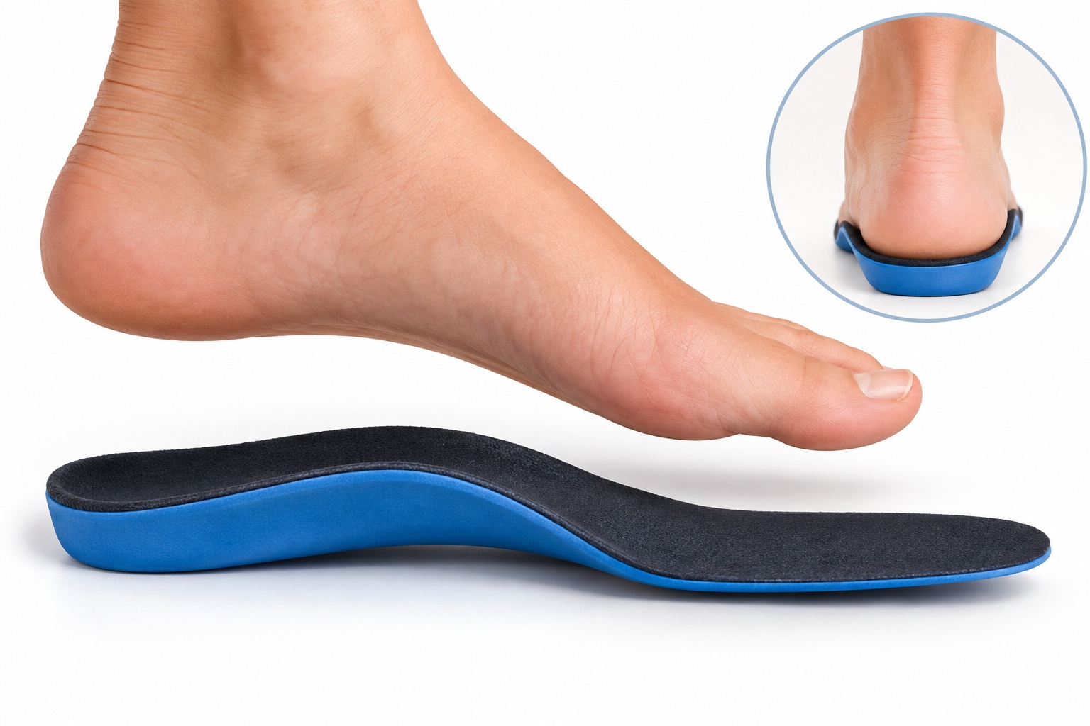 Custom foot orthotic insert beneath a foot