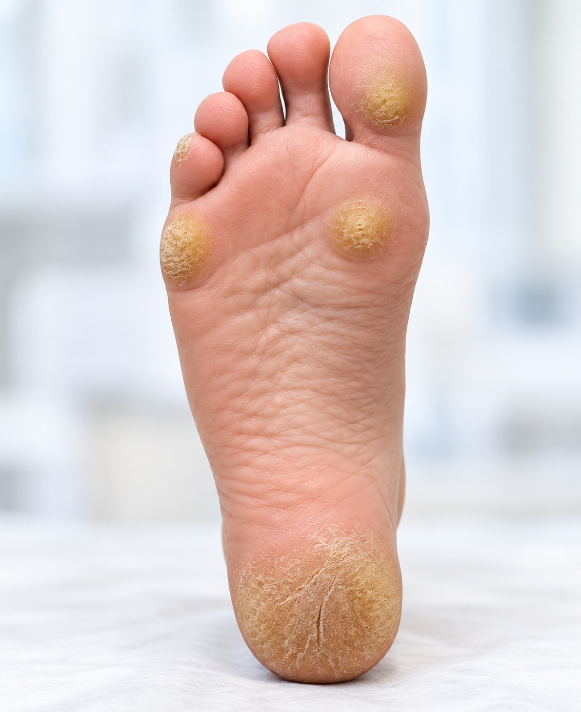 Calluses on the ball, toes, and heel of the foot