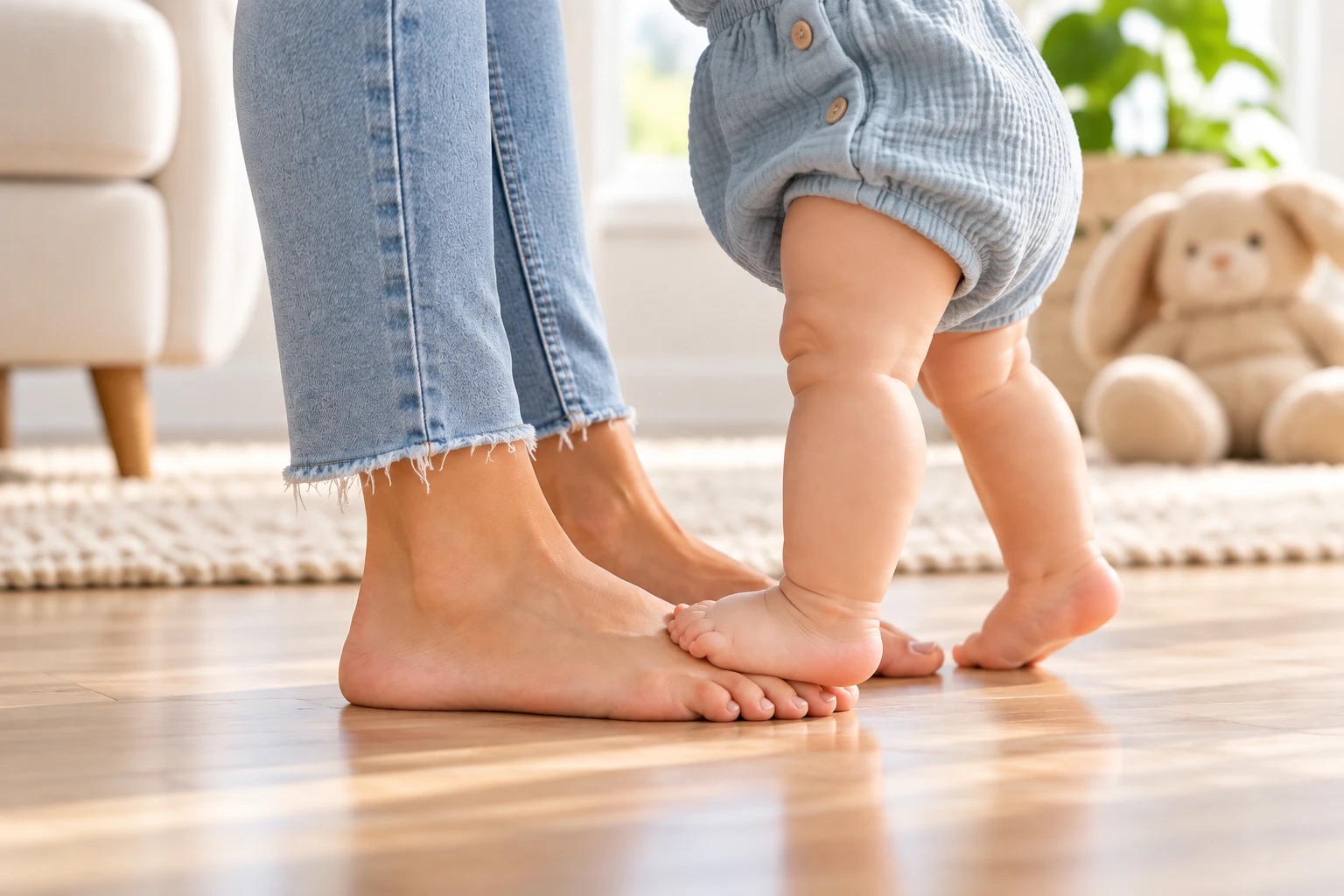 A toddler standing barefoot on a parent's feet