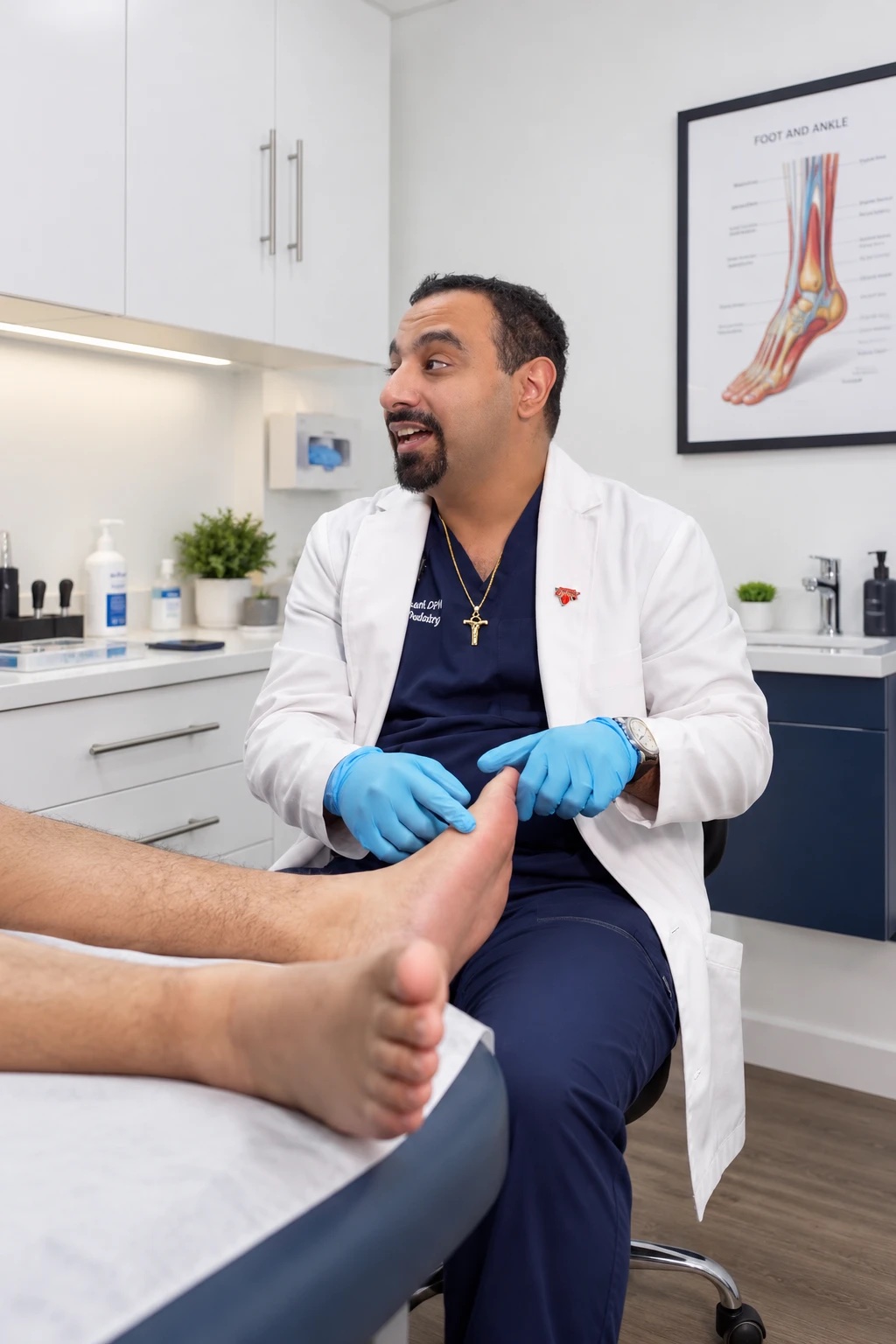 Dr. Mino Abdelmessih examining a patient's foot in an exam room